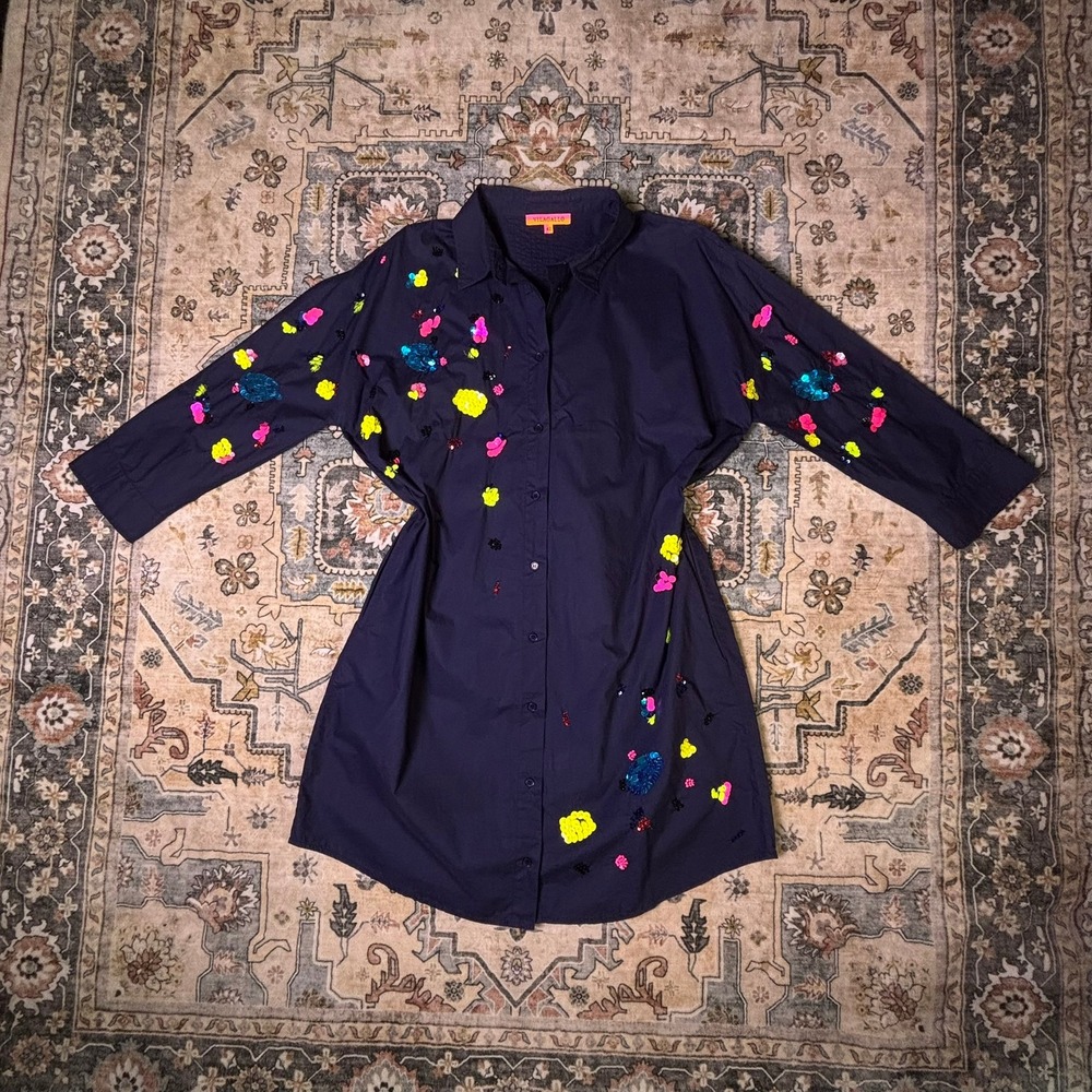 Vilagallo Navy Blue Cotton Sequin Embellished Shirt Dress Size 42 Pintuck Tunic
